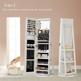 Szabadon álló tükrös ékszerszekrény, zárható, 6 led lámpával, 360°-ban elforgatható
