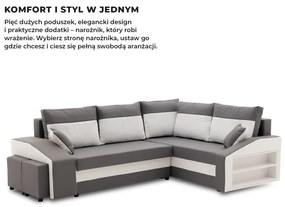 Grande sarokkanapé polcokkal és puffokkal , polc a jobb karfaban puffok a bal karfaban, jobboldali, szövet anyag, hab töltet, szürke - fehér