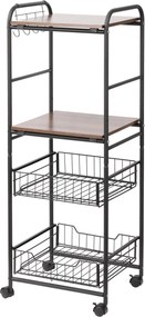 HOMCOM Konyhai Kocsi Kerekekkel 2 Polccal, 2 Kivehető Kosárral és 4 Akasztóval a Étkezőhöz és Fürdőszobához 40x38x111 cm Faragott és Fekete | Aosom