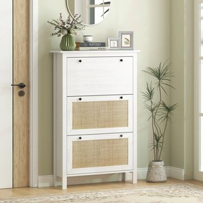 HOMCOM Előszobai Cipőtároló Szekrény 3 Fiókkal, Rattan Hatású Hajtható Ajtók - 80 x 23,5 x 121,5 cm Fehér | Aosom