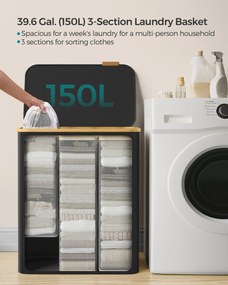 Fedeles, 3 rekeszes mosókosár, 150L, levehető bélés, összecsukható, fekete