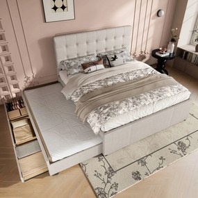 Kárpitozott ágy 140x200 cm Franciaágy 3 fiókkal Kihúzható ágy Bézs