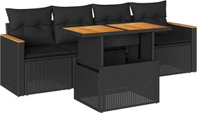 vidaXL 5 részes fekete polyrattan akácfa kerti kanapészett párnákkal
