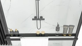 Rea Aero, zuhanykabin paraván 110cm, 8mm átlátszó üveg, fekete profil + EVO polc és akasztó, KPL-K0597