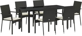 vidaXL Kert étkező szett párnával 7 pcs Fekete polirattan