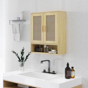 HOMCOM Fali Fürdőszoba Szekrény, Felfüggeszthető WC Szekrény, Állítható Polccal, Kétajtós és Nyitott Polccal, 59 x 20 x 66.5 cm, Tölgyhatású | Aosom