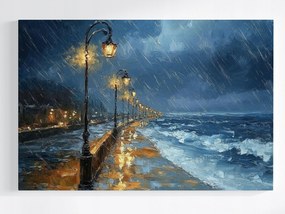 Vászonkép Canvas Tenger Tengerpart Sétány Eső Vihar Hullámok Éjszaka 60x40