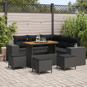 9 darabos Kert Sofa Szett Párnákkal Fekete Poli Rattan Akáciával, 4 darabos Kert Étkező Szett Párnákkal Fekete Poli Rattan Akáciával