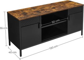 TV szekrény, 2 ajtóval, polcokkal, rusztikus barna és fekete 120x40x55cm