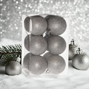 Ezüst glitteres műanyag karácsonyi gömb szett 12x6cm