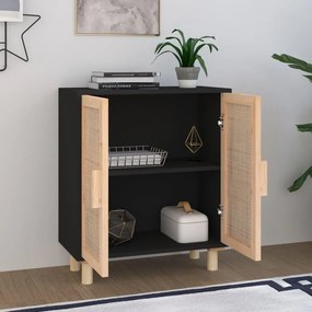 fekete tömör fenyő/természetes rattan tálalószekrény 60x30x70cm