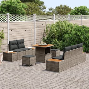 8 darabos kerti kanapé szett párnákkal szürke poli rattan akáccsal, 3 darabos kerti étkező szett párnákkal szürke poli rattan akáccsal