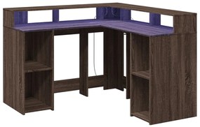 barna tölgy színű szerelt fa íróasztal LED-ekkel 130x130x91 cm