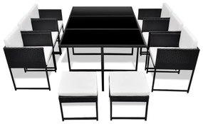 11-részes fekete polyrattan kültéri étkezőszett párnákkal