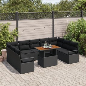 10 darabos Kerti Kanapé Szett Párnákkal Fekete Poli Rattan Akáccal, 2-Fős Kerti Kanapé Párnákkal Fekete Poli Rattan