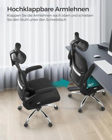 Irodai szék, ergonomikus, hálós szék deréktámasszal és állítható fejtámlával, fekete