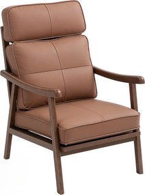 HOMCOM Kárpitozott Karosszék Fa Kerettel és Vastag Párnákkal, Magas Hátámlával, 150 kg Teherbírású Olvasószék Nappaliba és Hálószobába Barna és Dió Fa