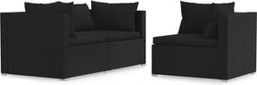 vidaXL 3 részes fekete polyrattan kerti ülőgarnitúra párnákkal