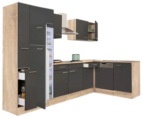 Yorki 310 sarok konyhabútor sonoma tölgy korpusz,selyemfényű antracit fronttal felülfagyasztós hűtős szekrénnyel