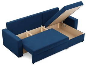 Zeus sarokkanapé, 2 ágyneműtartóval, egyenes kartámasz, bársony, univerzális oldal, hab töltet, kék