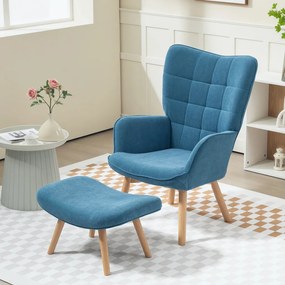 Karfás fotel lábtartóval, relax fotel, kárpitozott, kordbársony hatású, kék