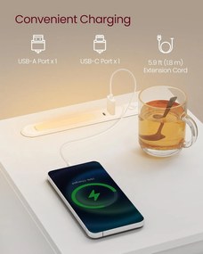 Keskeny éjjeliszekrény töltőállomással és LED-fénnyel, USB portokkal, fehér