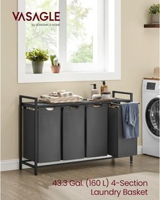 VASAGLE szennyestartó kosár, 4 rekeszes ruhagyűjtő szürke színben