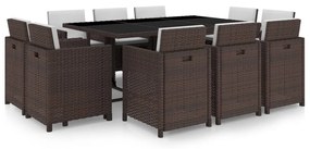 vidaXL 11-részes barna kültéri polyrattan étkezőszett párnákkal