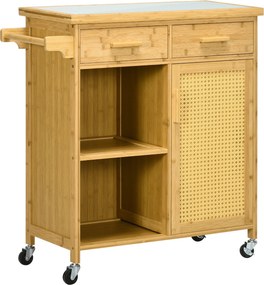 HOMCOM Konyhai Kerekes Szekrény Fiókkal, Krätsz, Nyitott Polcokkal, Szervírozó Kocsi, Tálca Törölközőtartóval, Üveg Felülettel, Bambusz, Természetes,