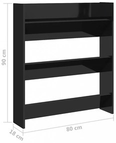 magasfényű fekete szerelt fa fali cipősszekrény 80 x 18 x 90 cm