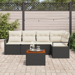 6 darabos kerti kanapé szett párnákkal fekete poli rattan akáciából, 2 személyes kerti kanapé tárolóval és párnákkal fekete poli rattan