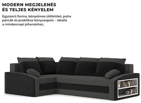 Grande sarokkanapé polcokkal , polc a jobb karfaban, baloldali, szövet anyag, hab töltet, szürke - fekete