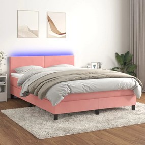 rózsaszín bársony rugós és LED-es ágy matraccal 140x190 cm