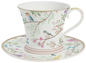 Elegáns porcelán teáscsésze aljjal madárkás Birds Melody