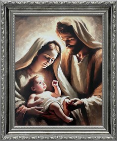 Vászonkép 31x26 Szent Család Jézus Krisztus József Mária Ezüst Díszített Keret