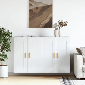 2 db magasfényű fehér szerelt fa falra szerelhető szekrény