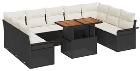 10 Részes Kerti Étkező Szett Párnákkal Fekete Poly Rattan Akáciával