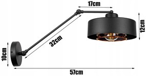 Glimex LAVOR MED fekete réz/króm rácsos hosszú karos állítható fali lámpa 1x E27 + ajándék LED izzó
