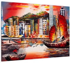 Kép - Victoria Harbour, Hong Kong, olajfestmény (üvegen) (70x50 cm)