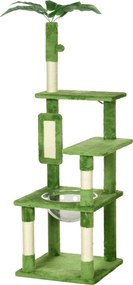 PawHut Több szintes macskaf(%k)(f)as, függőággyal, kaparóoszloppal, játékgolyóval és dekoratív levelekkel, plüss borítással, 49x49x142 cm, Zöld | Aoso