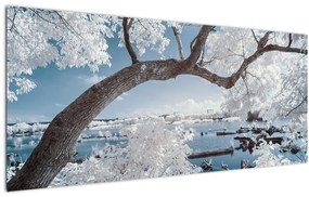 A víz mellett egy havas fa képe (120x50 cm)
