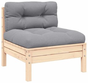 vidaXL tömör fenyőfa kerti középső kanapé szürke párnákkal