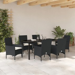 7 Darabos Kerti Étkezőszett Párnákkal Fekete Polirattan, Kerti Asztal Fekete 160x80x73 cm Edzett Üveg