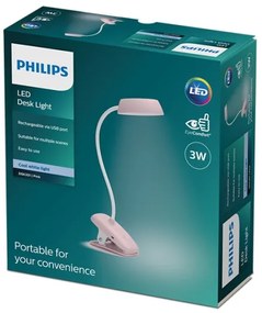 Philips DONUTCLIP LED/3W/5V 1200 mAh állítható fényű rózsaszín csipeszlámpa