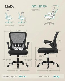 Irodai szék összecsukható karfákkal, ergonomikus számítógépes szék, fekete