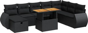 vidaXL 9 részes fekete polyrattan akácfa kerti ülőgarnitúra párnákkal