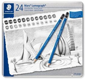 Grafitceruza készlet, fém doboz, hatszögletű, STAEDTLER Mars&amp;reg; Lumograph&amp;reg; 100, 24 különböző keménység (TS100G24)