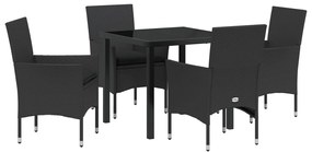 5 darabos Kerti Étkezőkészlet Párnákkal Fekete Poli Rattan, Kerti Asztal Fekete 80x80x73 cm Edzett Üveg