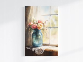 Vászonkép Canvas Akvarell Virágok Rózsák Befőttesüveg Ablak Shabby Chic 40x60