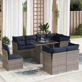 9 részes szürke polyrattan akácfa kerti ülőgarnitúra párnákkal